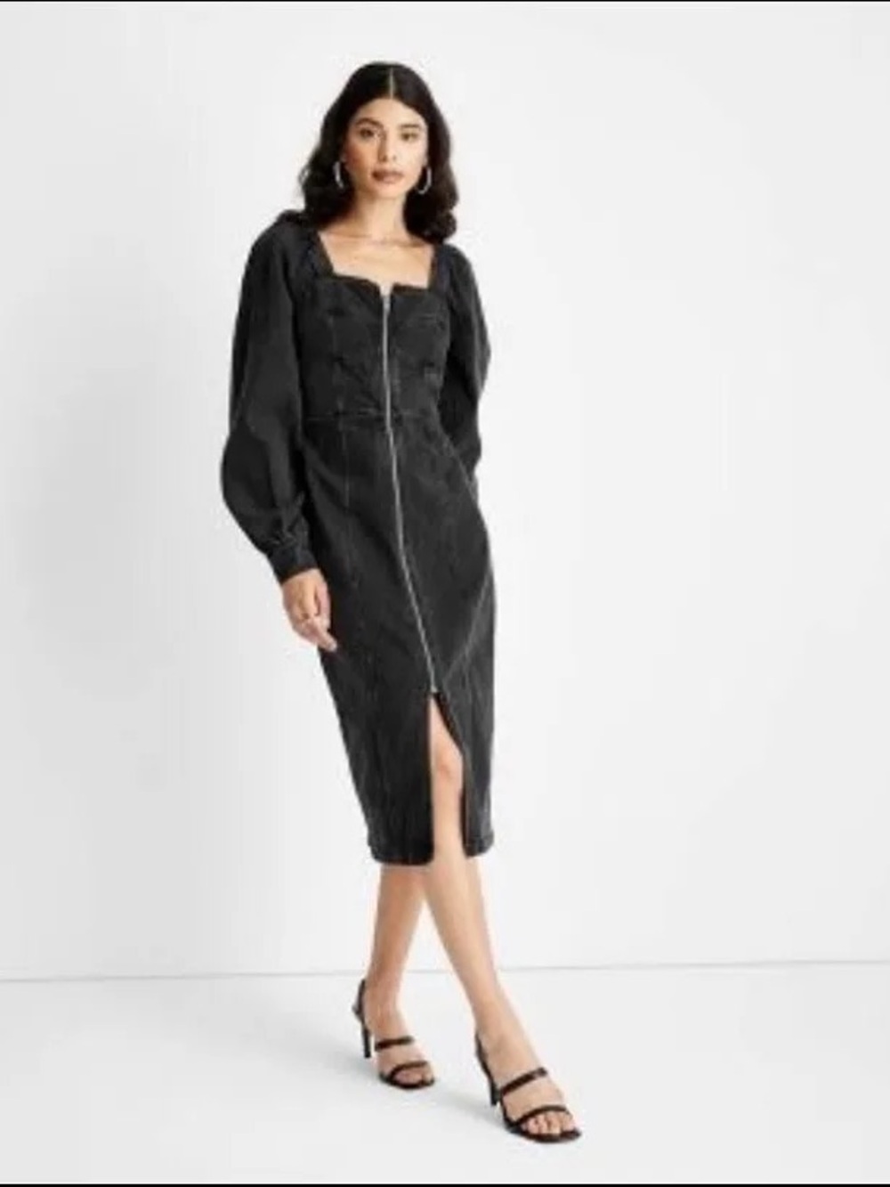 Future Collective Target - Black Puff-Sleeve Full-Zip Denim Midi Dress - Size 4